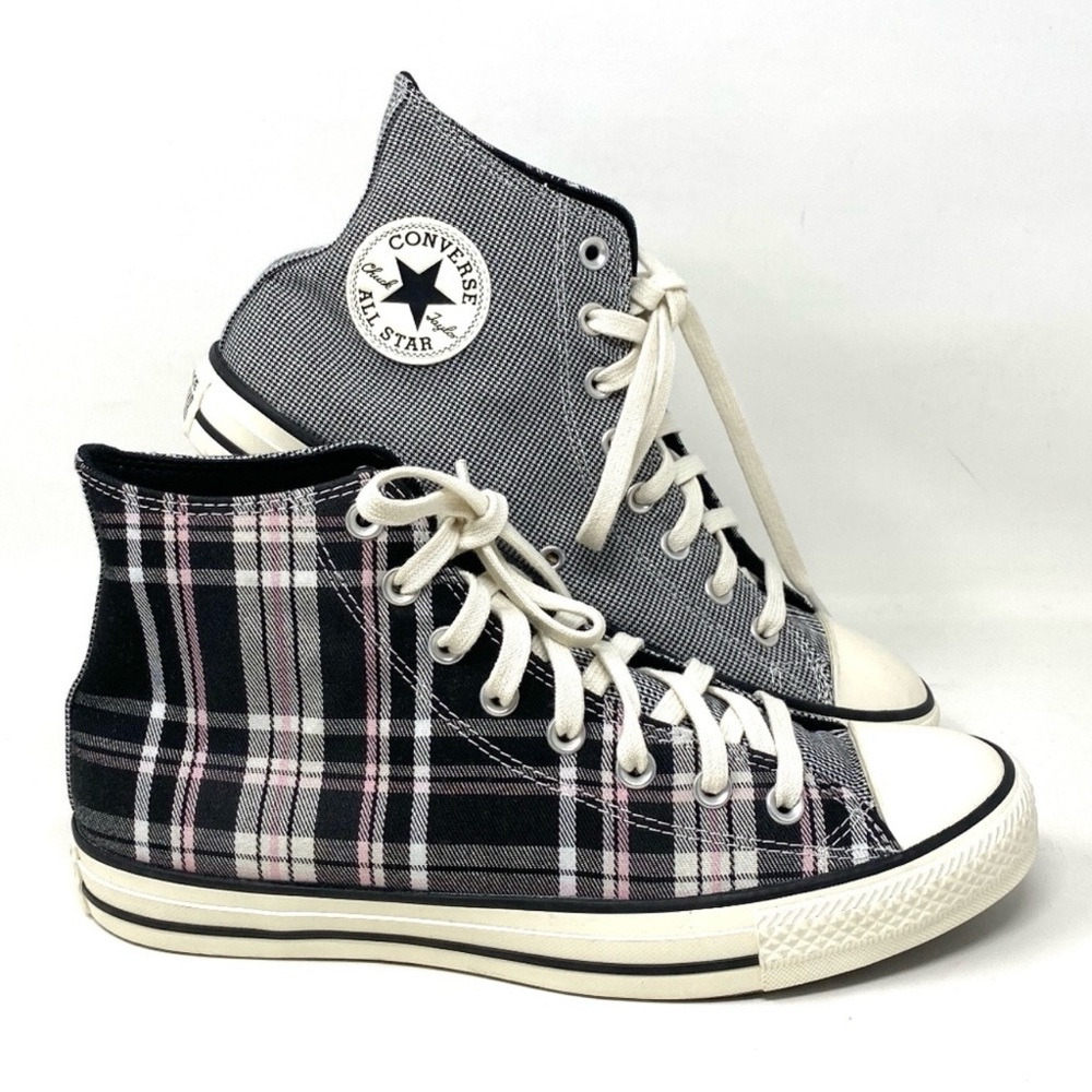 Converse Chuck Taylor All Star Black, White, and Pink Plaid High Top Sneakers